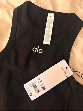 ALO Yoga Black Ribbed Kids Tank with White Logo